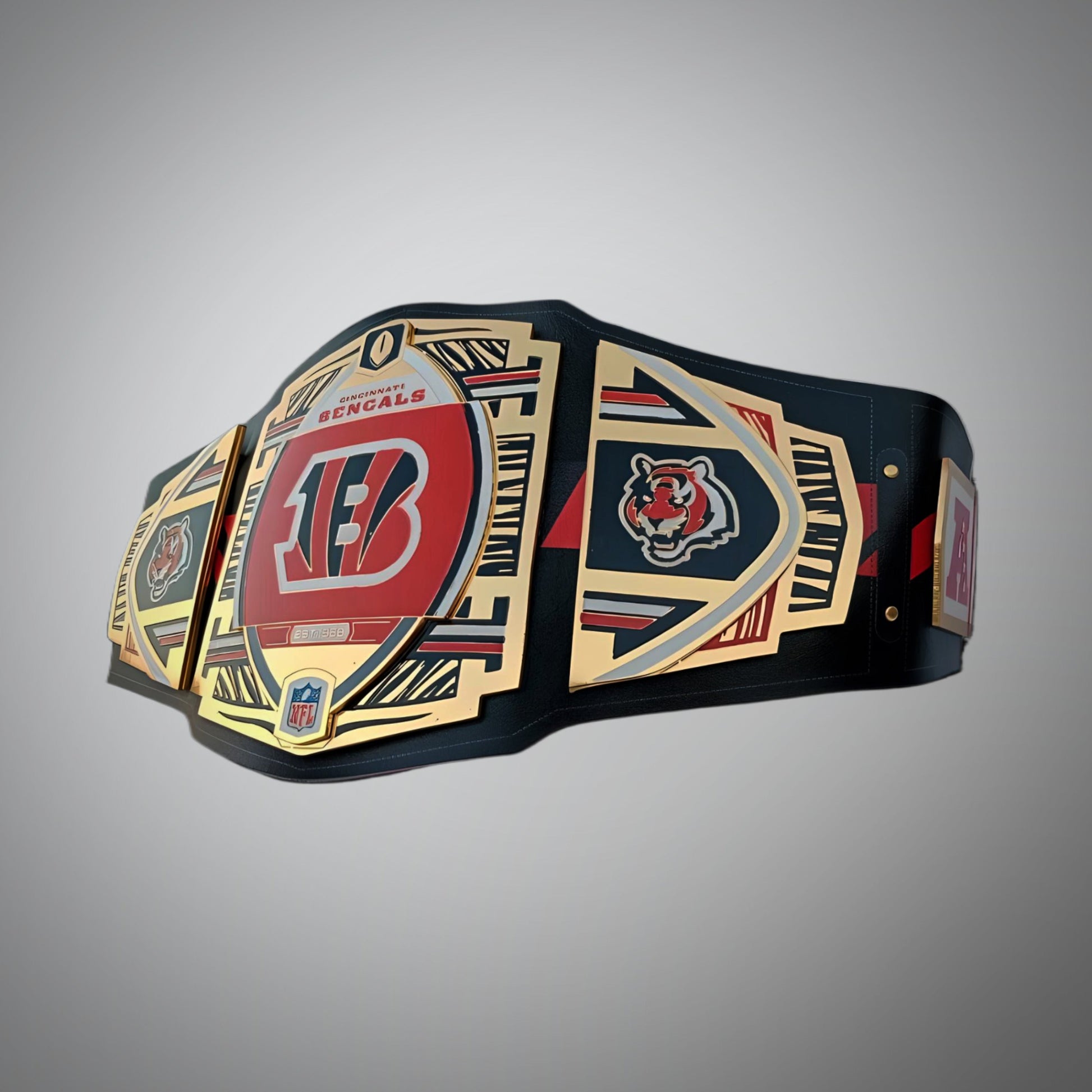Close-up of the Cincinnati Bengals WWE NFL Championship Belt, showcasing team colors and logos.