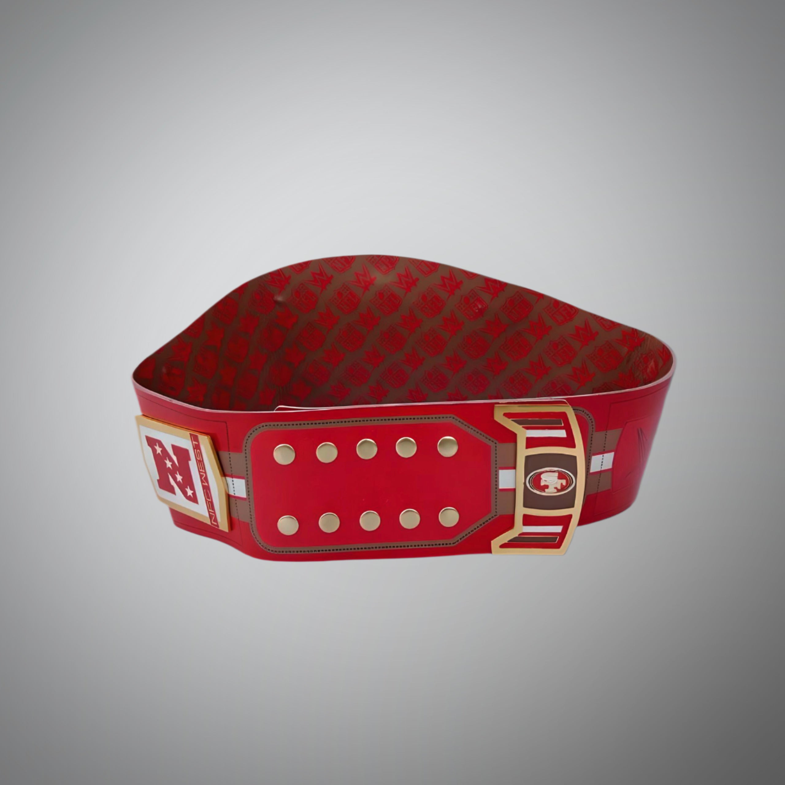 NFL 49ers championship belt with WWE legacy title features.