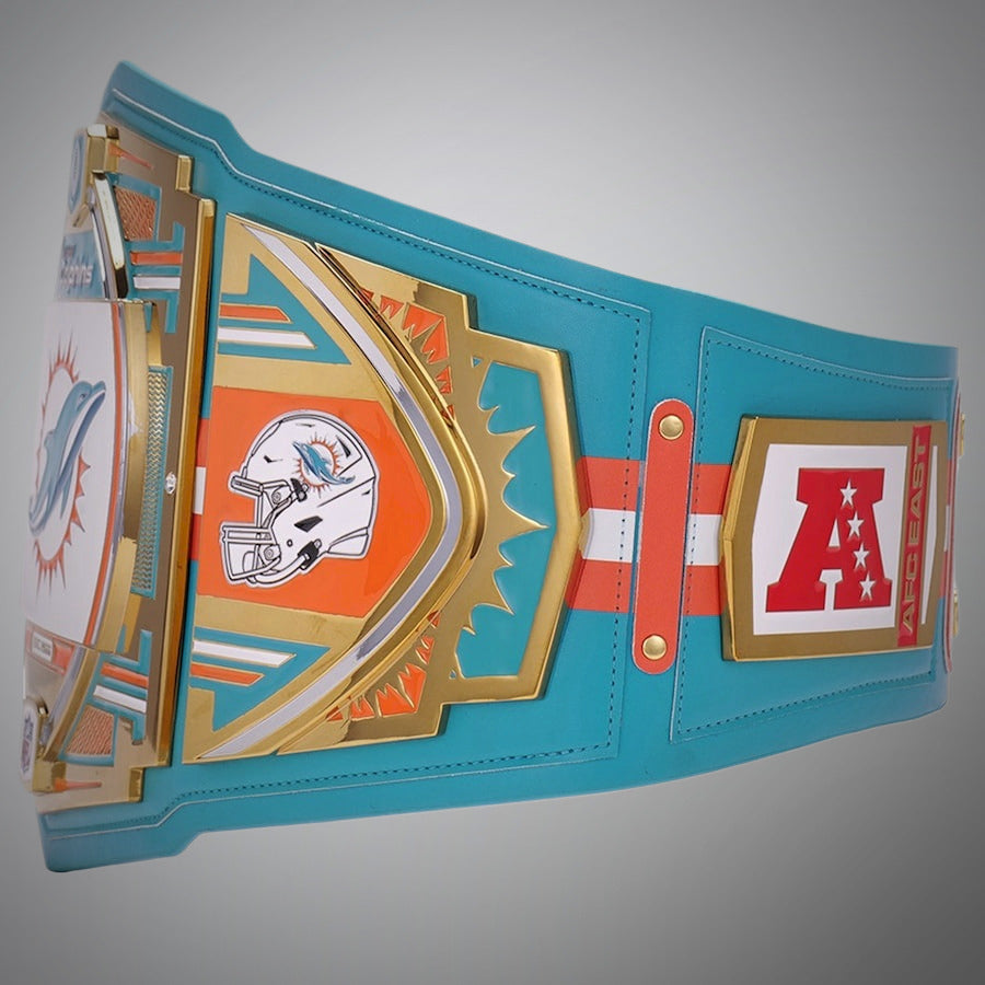 This image showcases the front view of the Miami Dolphins NFL Legacy Championship Replica Title Belt in Adult Size 4mm, providing a detailed look at its design and quality craftsmanship. Perfect for fans looking to support the Dolphins in style.