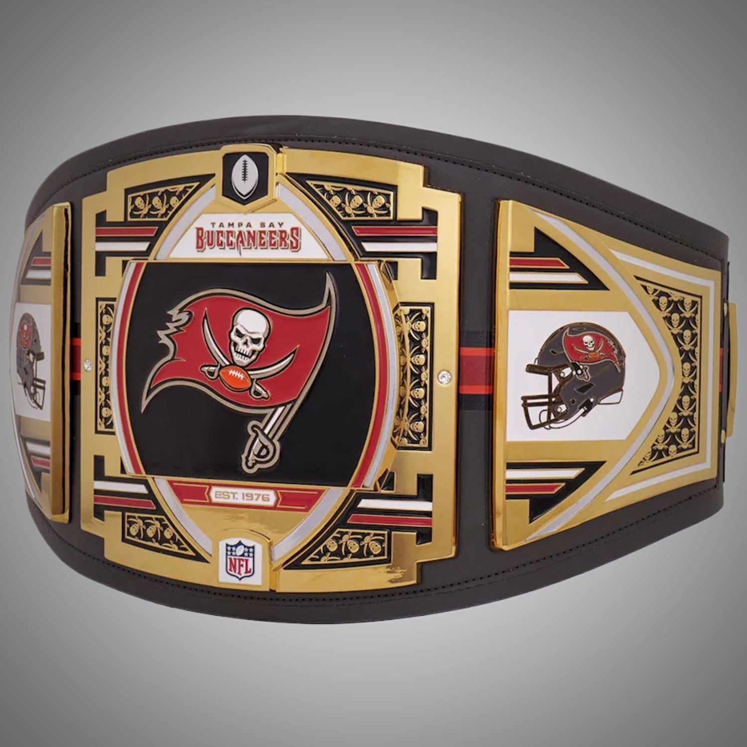 Close-up of Tampa Bay Buccaneers WWE NFL Championship Belt, showcasing team colors and logo details.