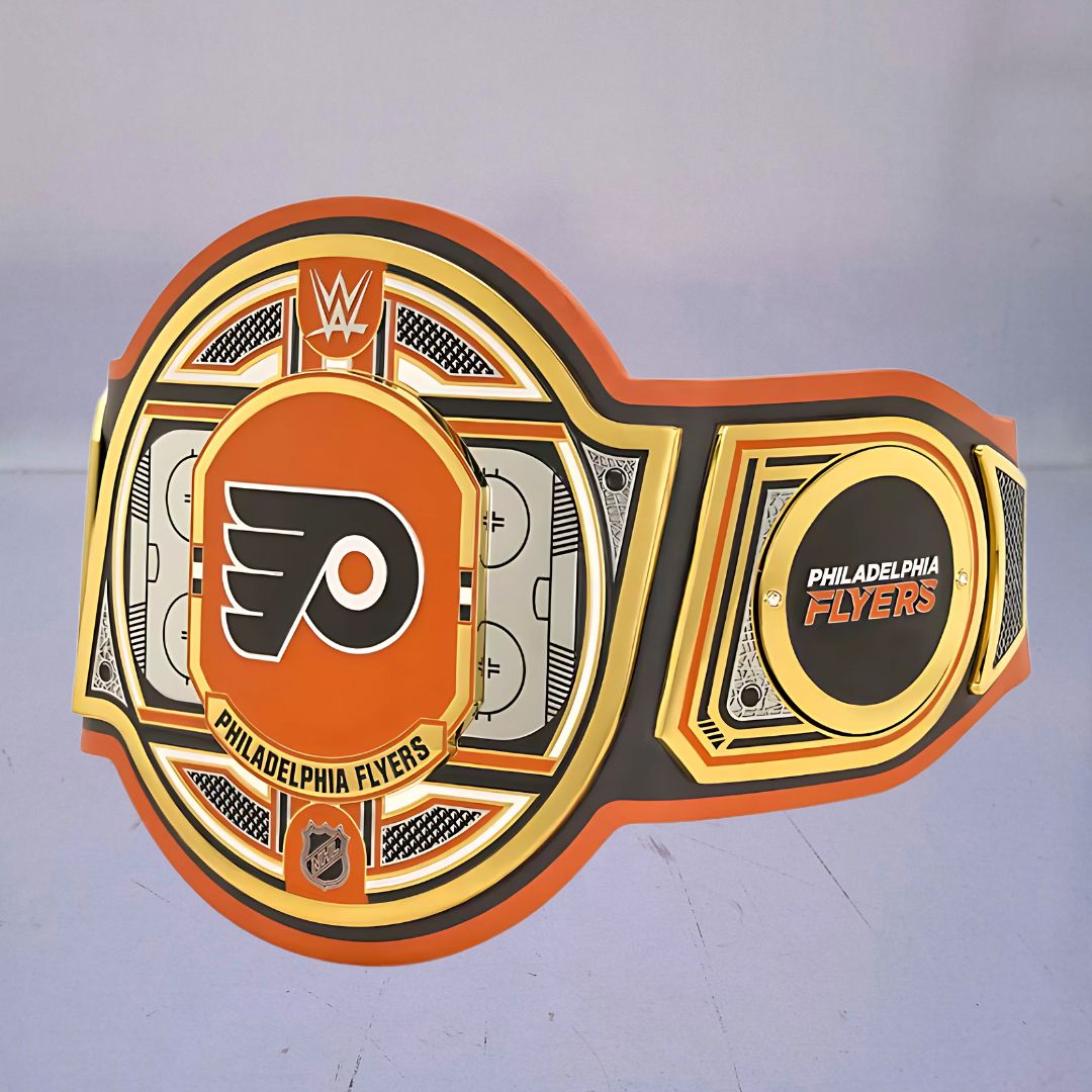Close-up of the Philadelphia Flyers WWE NHL Championship Belt, showcasing team colors and logo details.