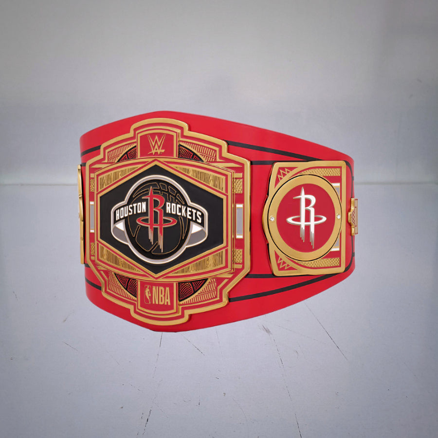 Houston Rockets WWE NBA Championship Title with bold red and gold design.