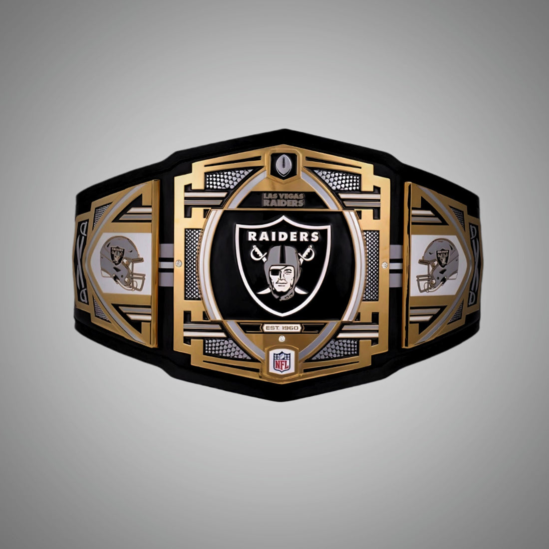This image showcases the front view of the Las Vegas Raiders Championship Belt NFL Legacy Replica, providing a comprehensive look at its design and quality craftsmanship. Perfect for fans looking to support the Raiders in style.