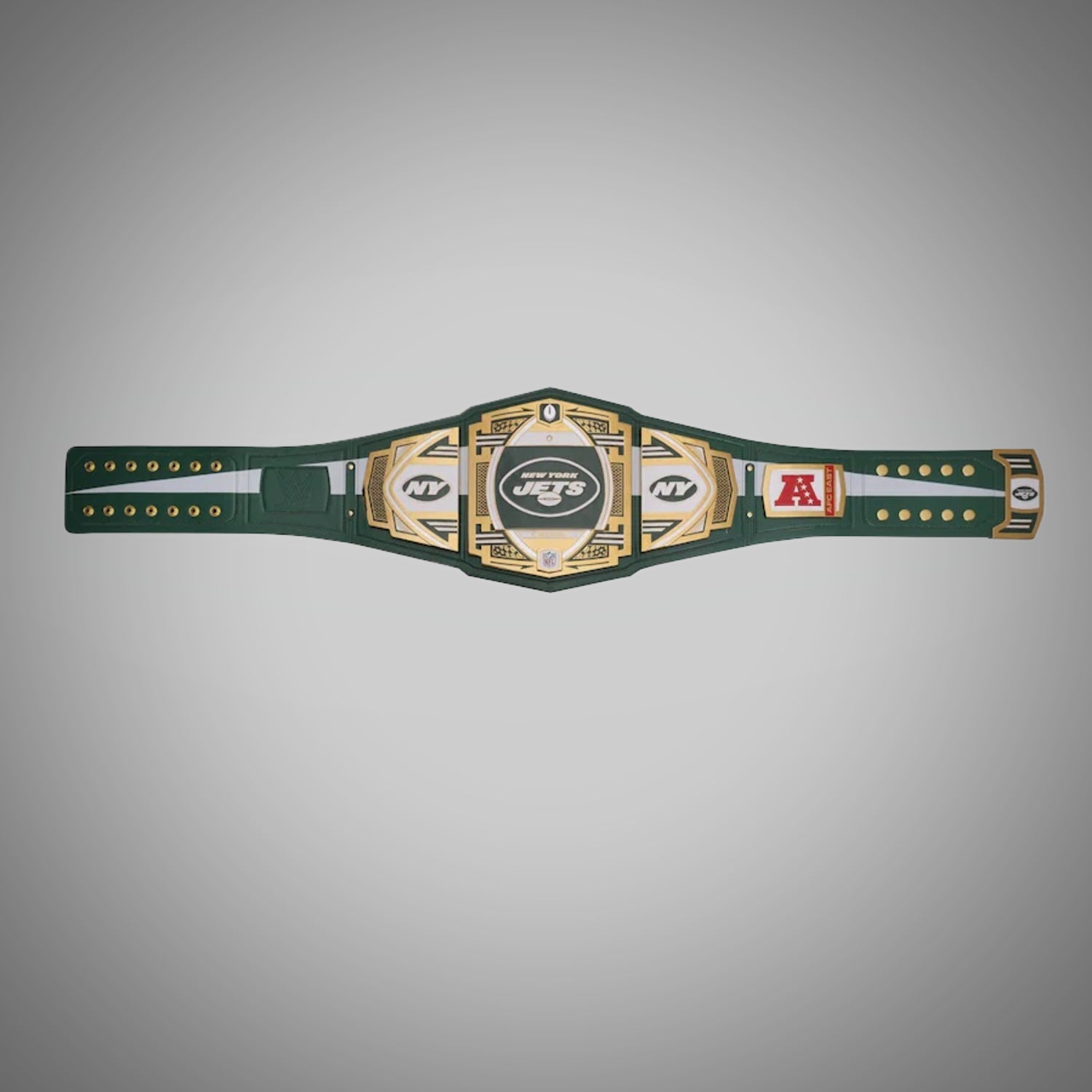 New York Jets WWE-style championship belt showcasing legacy branding.