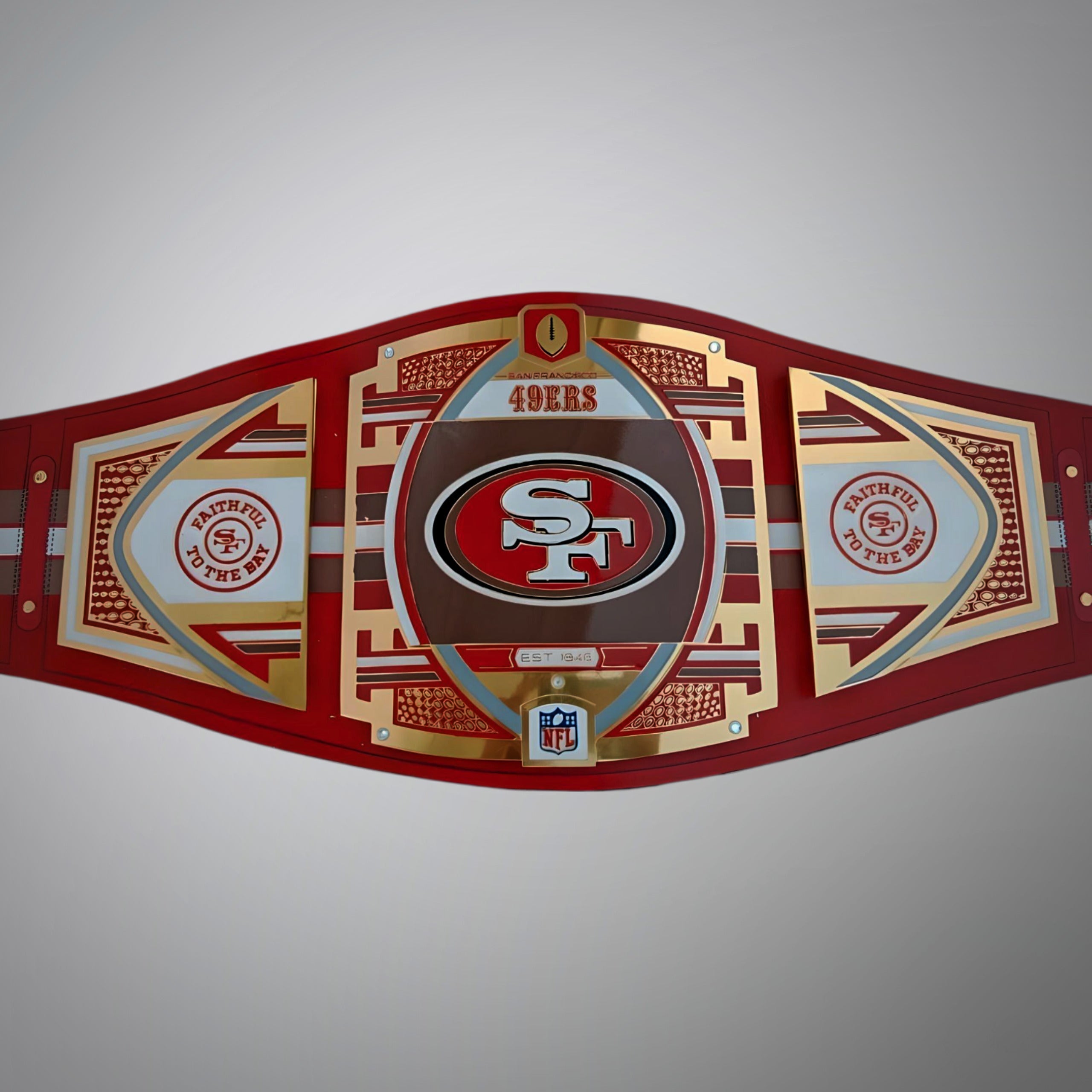 Exclusive San Francisco 49ers title belt merging WWE and NFL heritage.