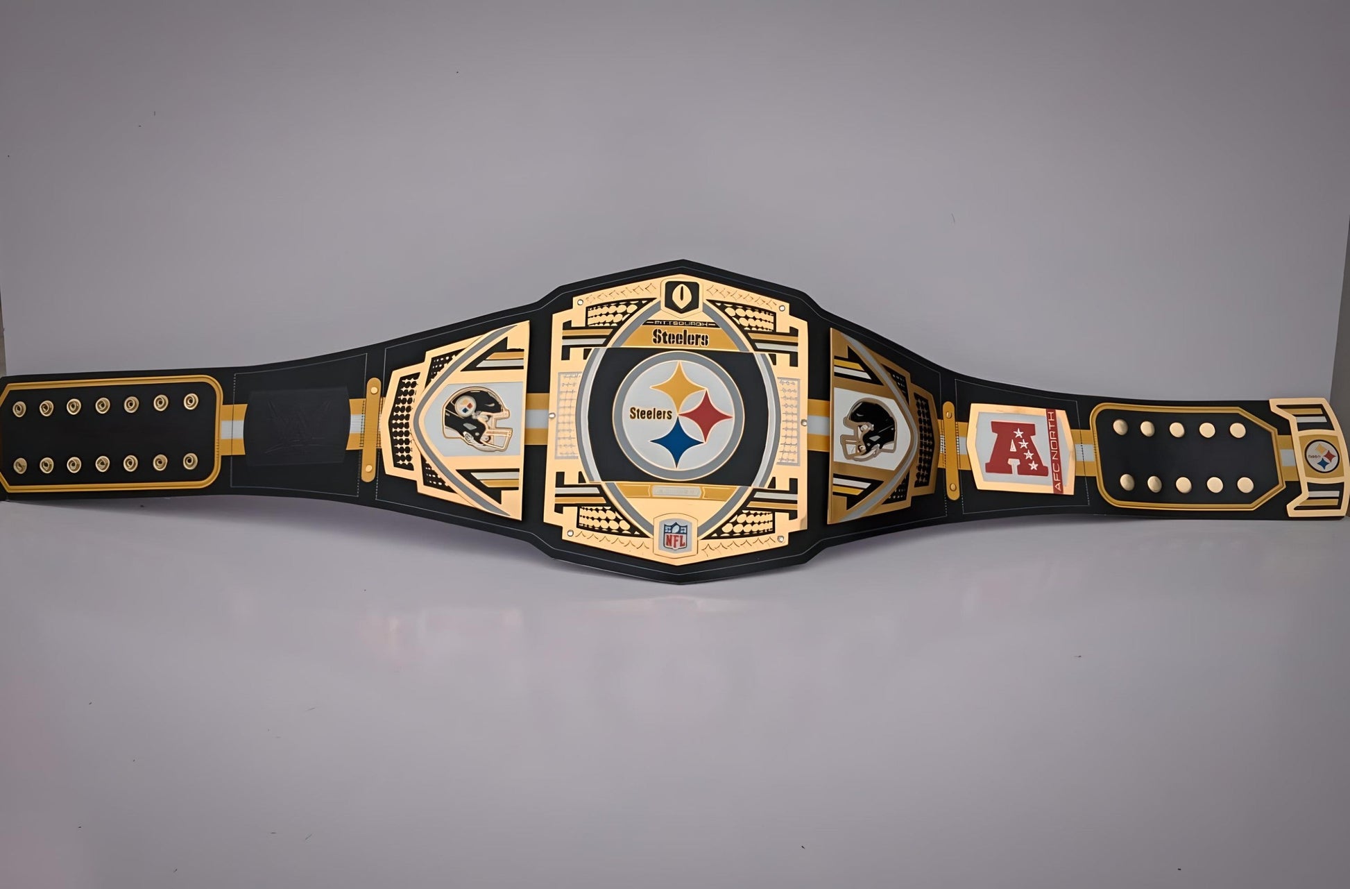Pittsburgh Steelers WWE-style belt showcasing championship legacy branding.