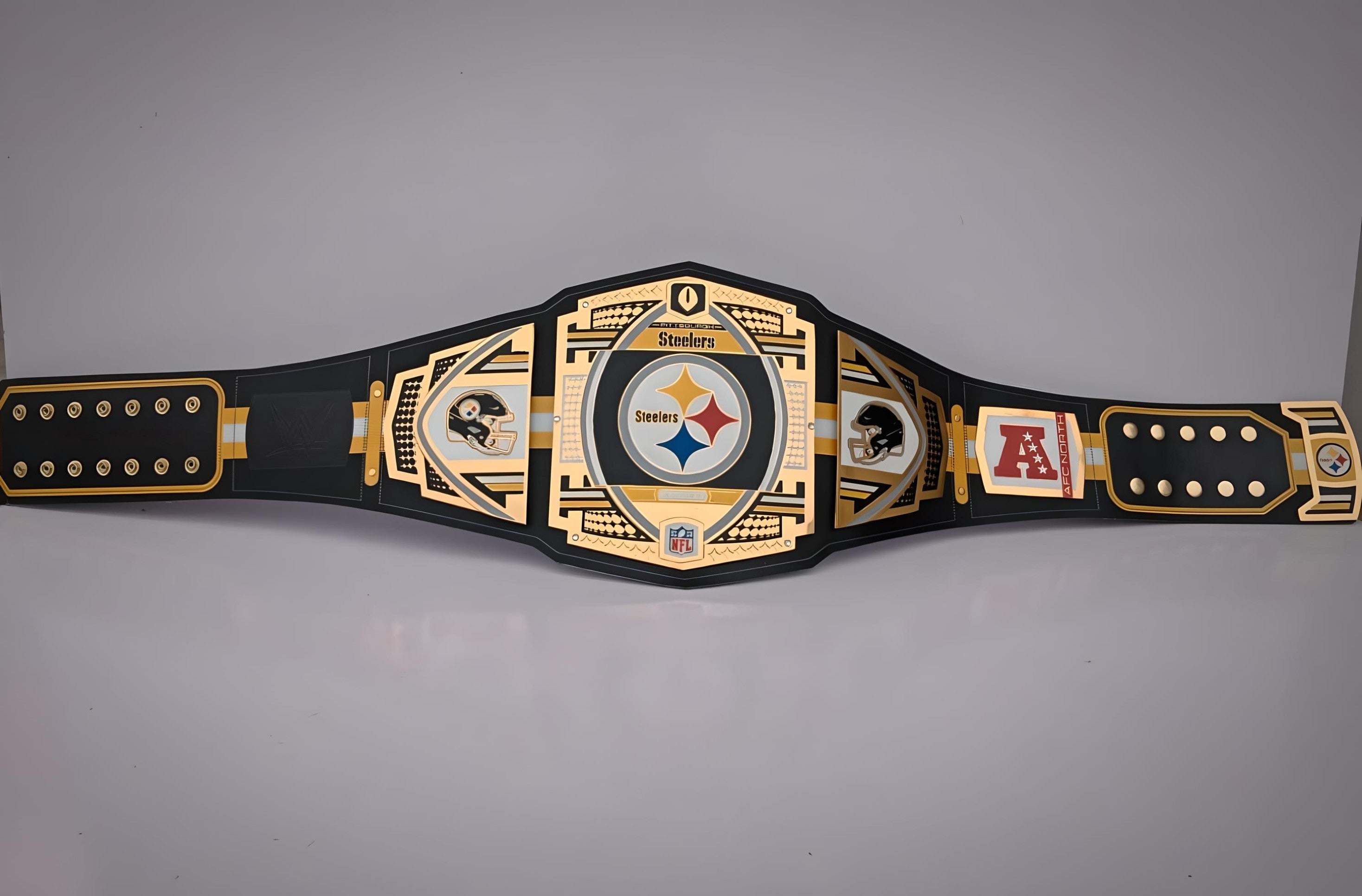 Pittsburgh Steelers WWE-style belt showcasing championship legacy branding.