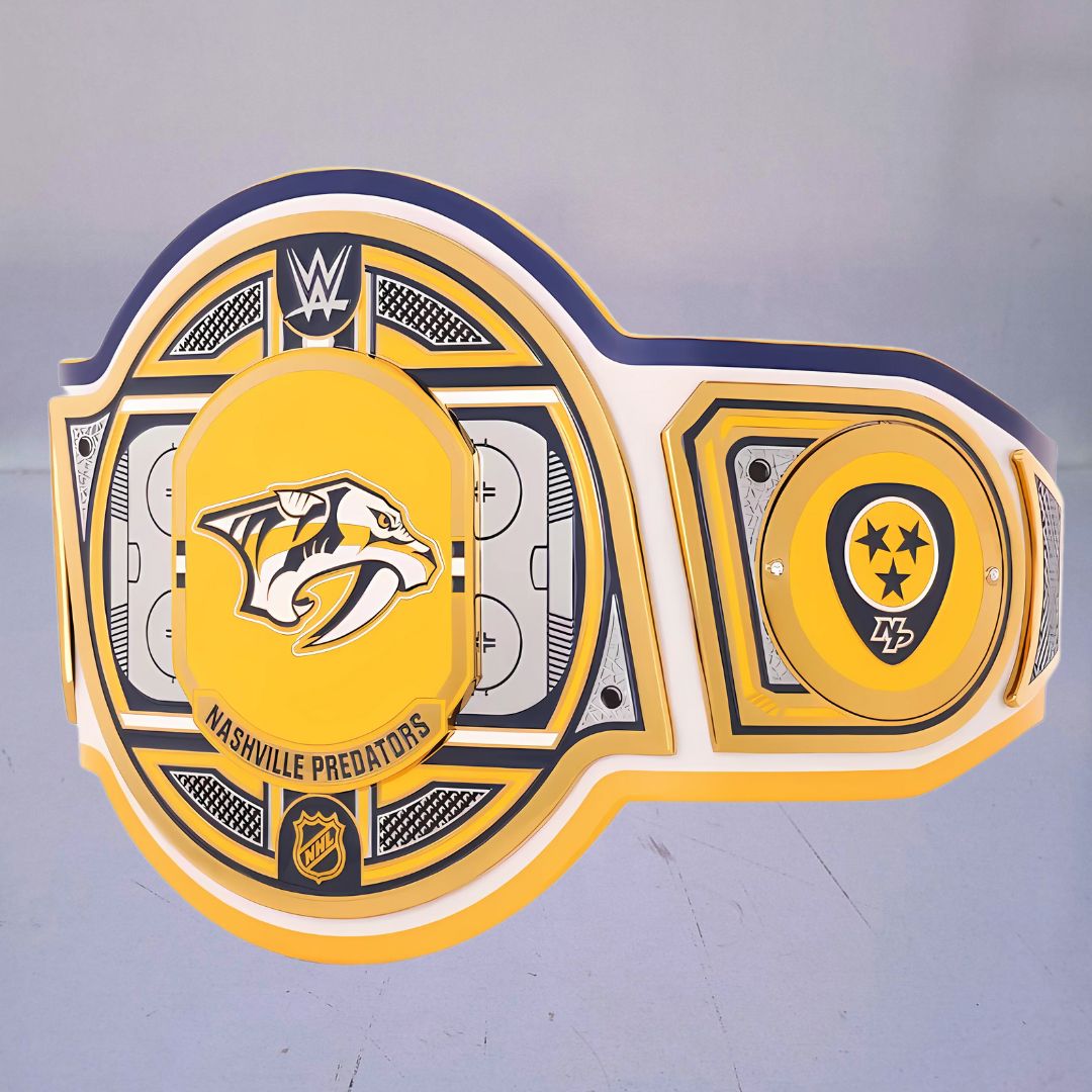 Close-up of the Nashville Predators WWE Championship Belt, showcasing yellow and blue accents.