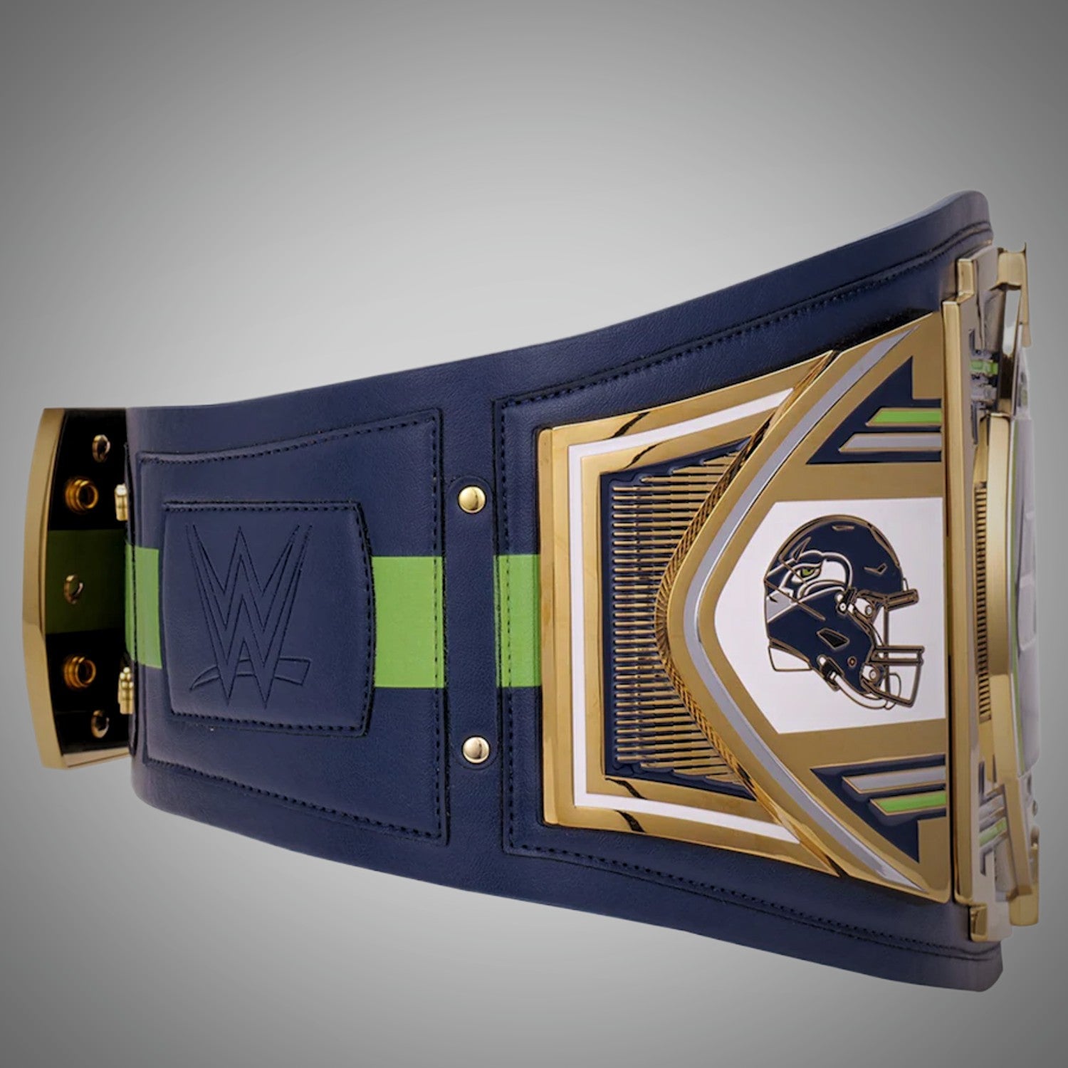 Close-up of Seattle Seahawks WWE NFL Championship Belt, showcasing team colors and logo details.