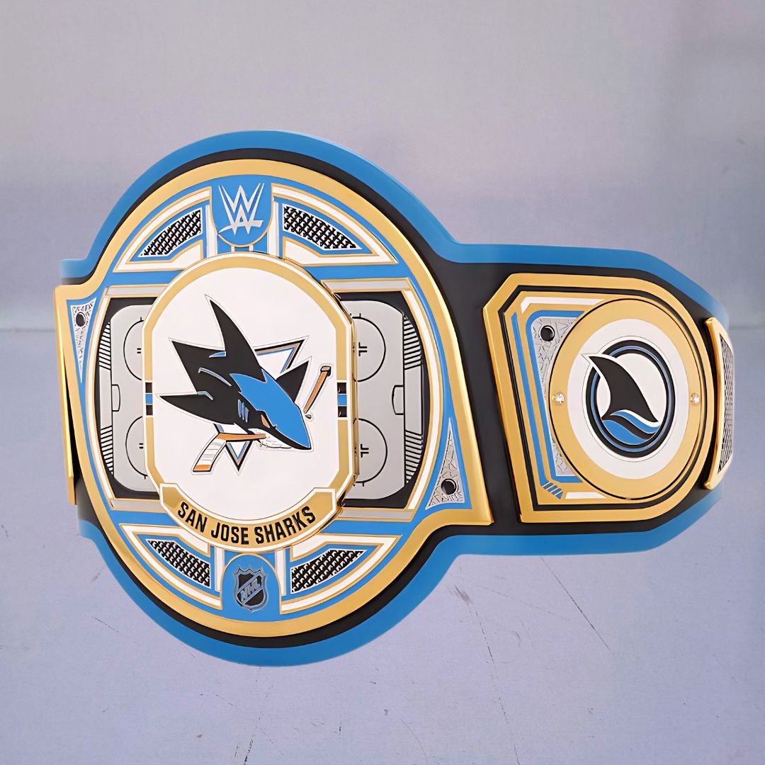 Close-up of the San Jose Sharks WWE Championship Belt, showcasing teal and black accents.