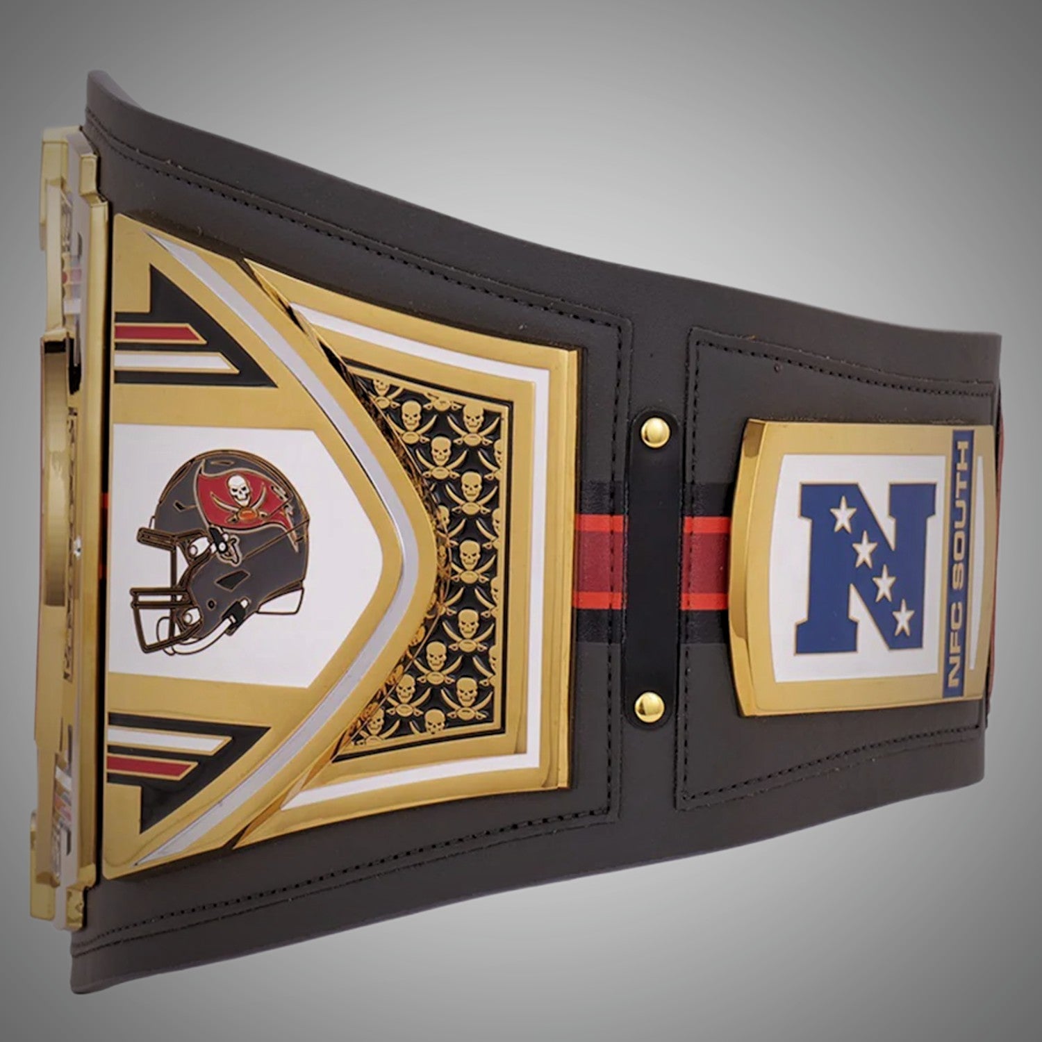 Tampa Bay Buccaneers Championship Belt with bold red and pewter accents, honoring the team’s legacy.