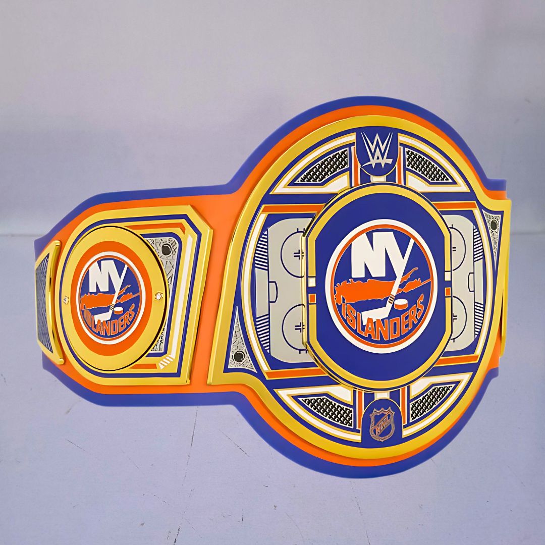 Close-up of the New York Islanders WWE Championship Belt, showcasing blue and orange accents.